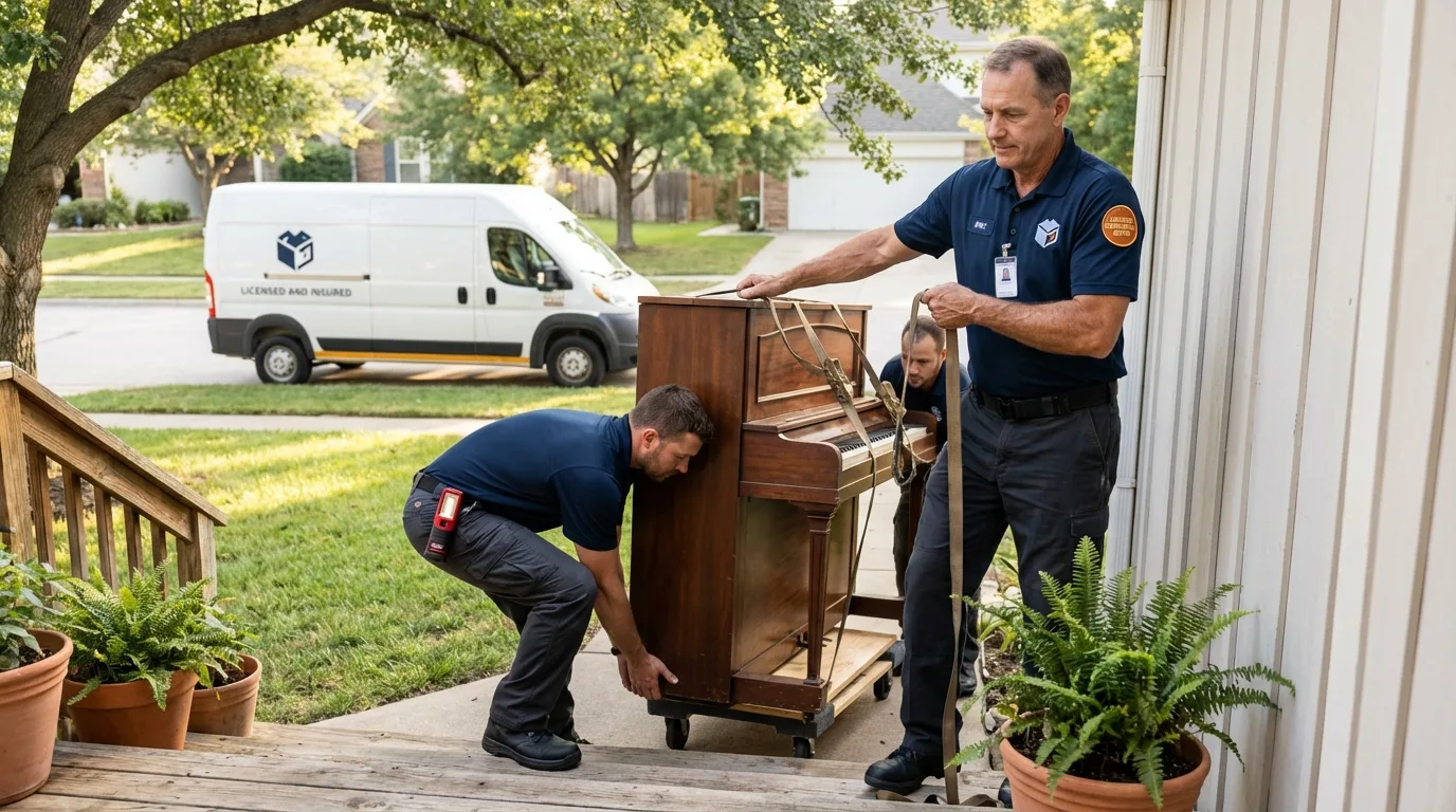 Licensed piano movers securing grand piano in Virginia, IL