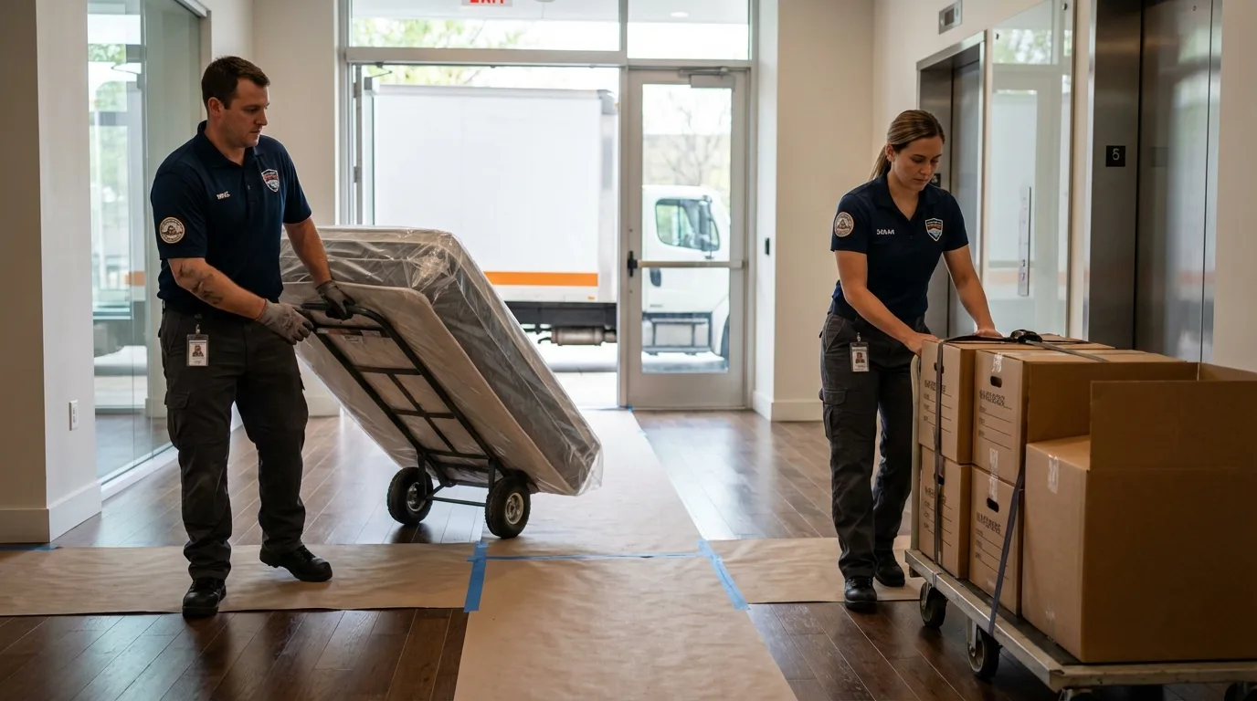 Professional apartment movers loading elevator in Virginia, IL